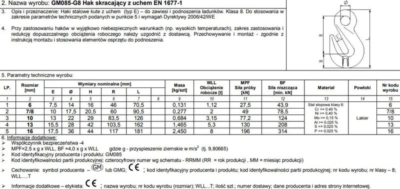Hak Skracający Z Uchem 7/8MM Wll 2T G8 EN1677-1