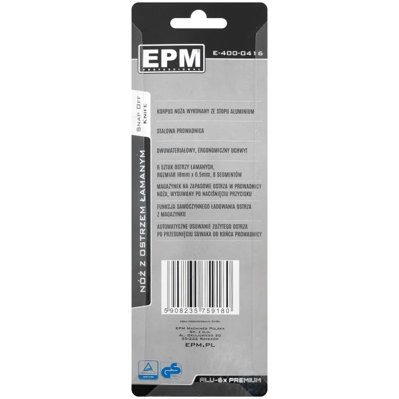 Nóż, Nożyk Z Ostrzem Łamanym ALU-6X Premium 18mm + 6 Ostrzy EPM