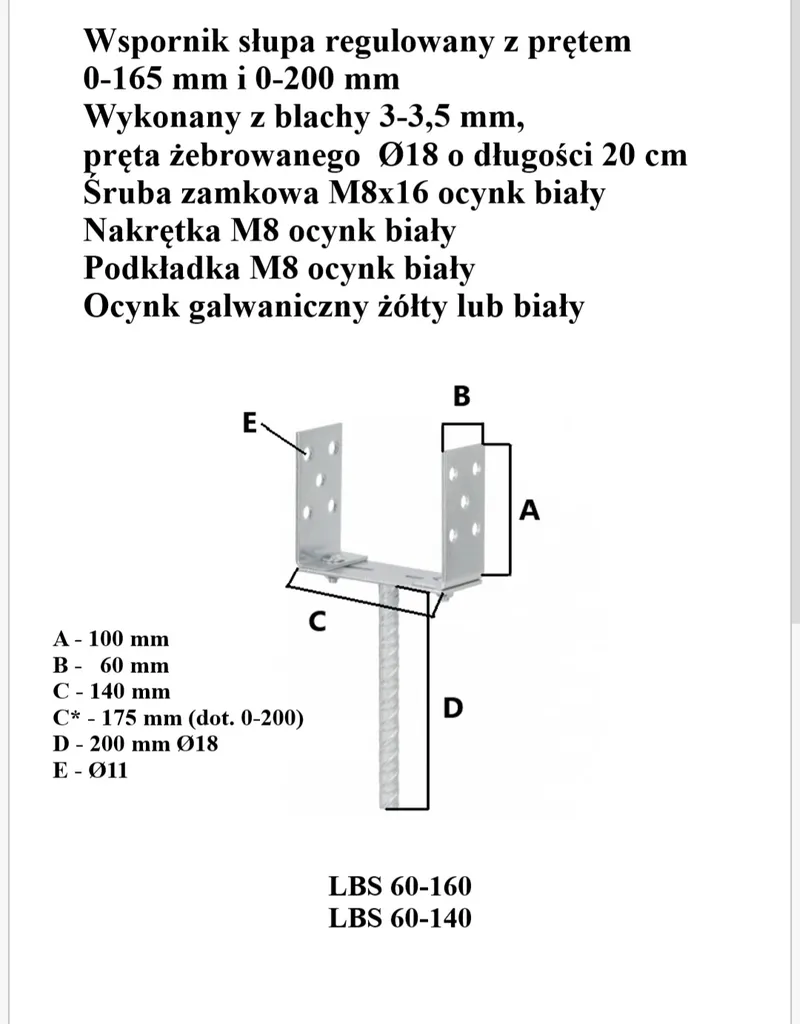 Podstawa Słupa Regulowana 0-165MM Na Pręt, Ocynk - Biały