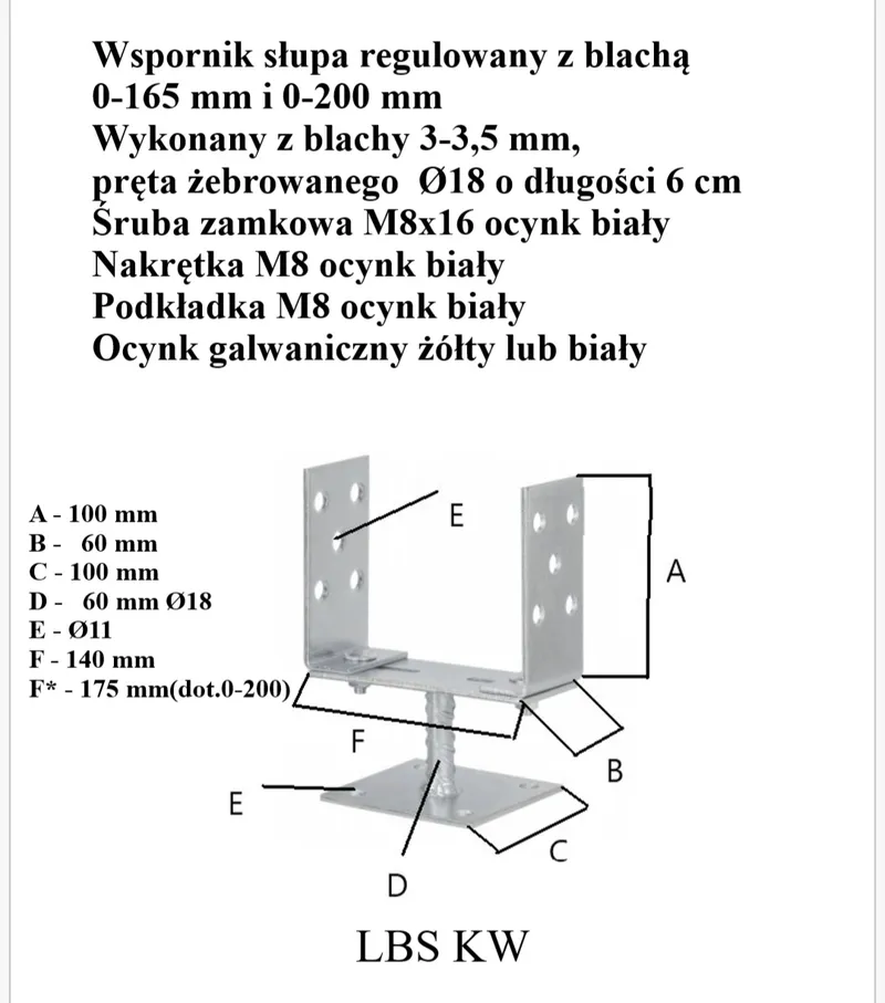 Podstawa Słupa Regulowana 0-165MM Na Kwadrat, Ocynk - Żółty