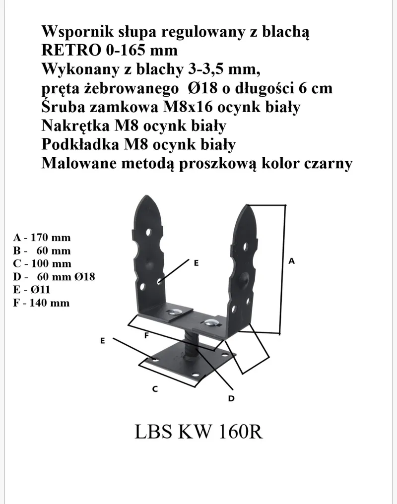 Podstawa Słupa Regulowana 0-165MM Na Kwadrat Retro