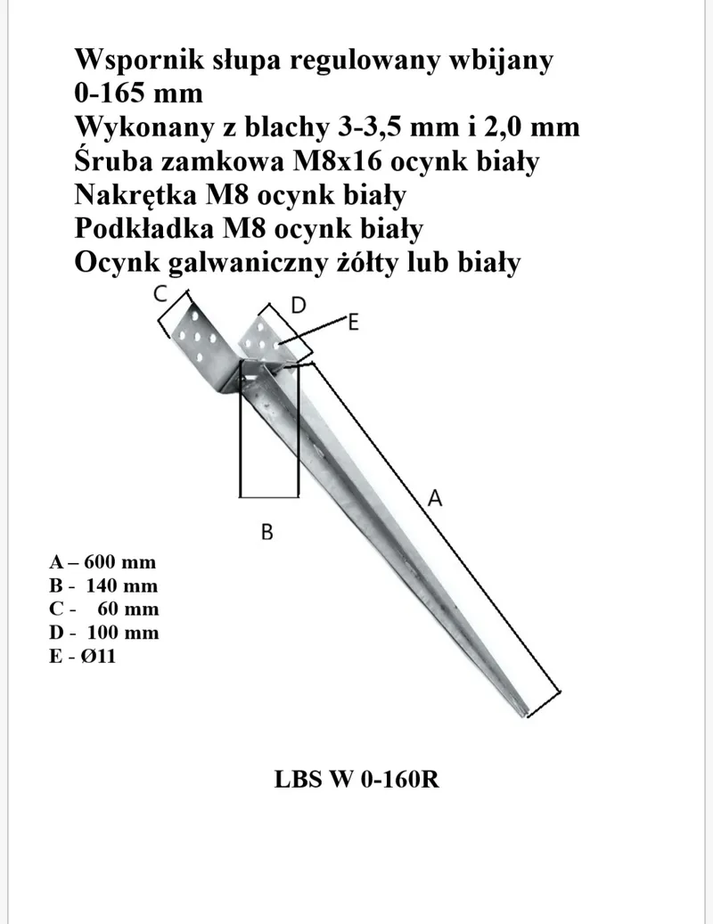 Podstawa Słupa Wbijana Regulowana 0-165*700 mm