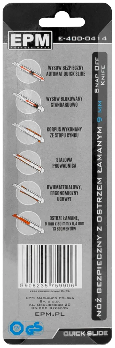 Nóż, Nożyk Z Ostrzem Łamanym Aluminiowy Bezpieczny 9mm EPM