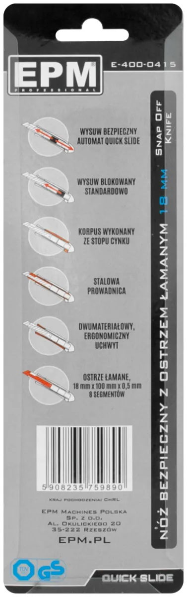 Nóż, Nożyk Z Ostrzem Łamanym Aluminiowy Bezpieczny 18mm EPM