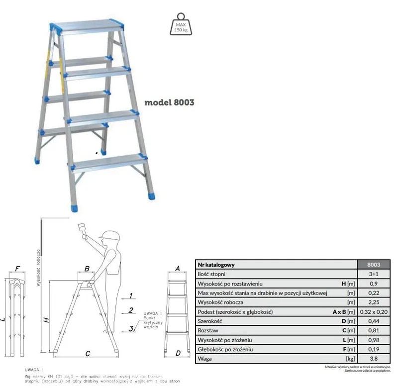 Drabina Aluminiowa Dwustronna 90cm 3 Stopnie + Podest DRABEX