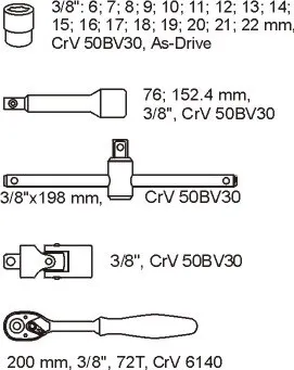 Wkład Do Szuflady Zestaw Kluczy Nasadowych 3/8'' 22 Części YATO