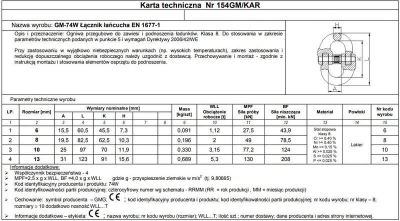 Ogniwo Przegubowe GM74W-G8 10mm Wll 3.15T