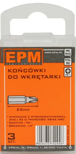 Grot, Bit, Końcówka Do Wkrętarki 25mm 3 szt. PZ1 EPM