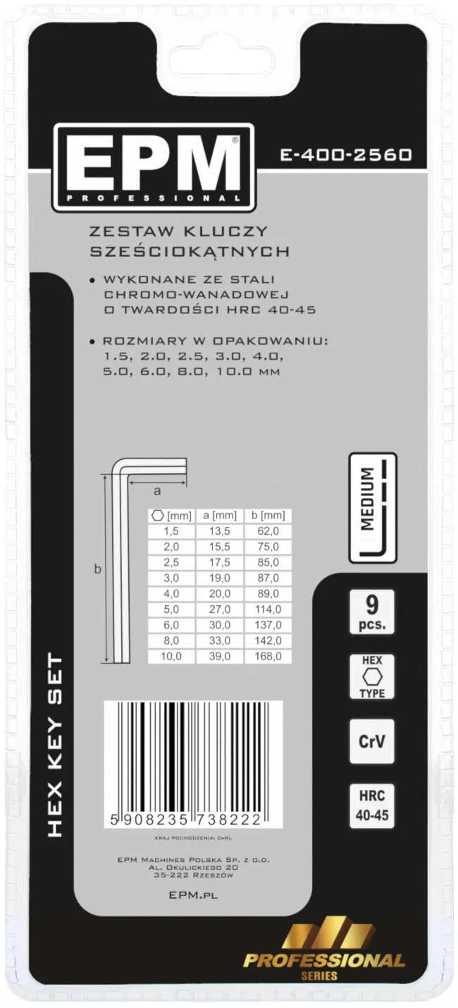 Komplet Kluczy Imbusowy ''hex'' Typ L 9 szt. Średnie EPM
