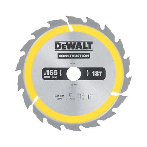 Piła Tarczowa Do Drewna 165/20MM, 18 Zębów DEWALT