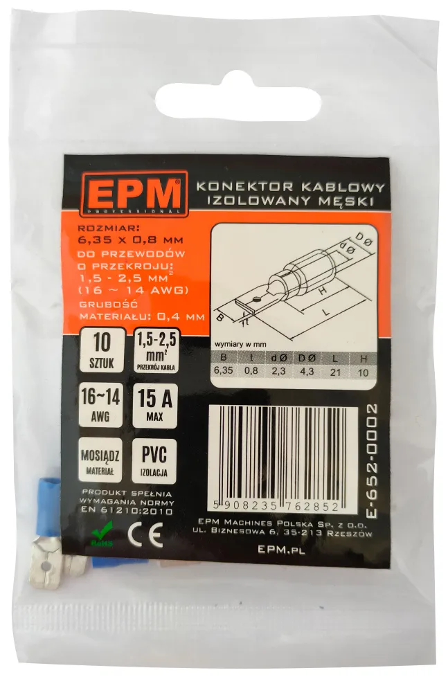 Końcówka Wsuwana Izolowana 1.5-2.5MM 0.8-6.35 10 Sztuk EPM