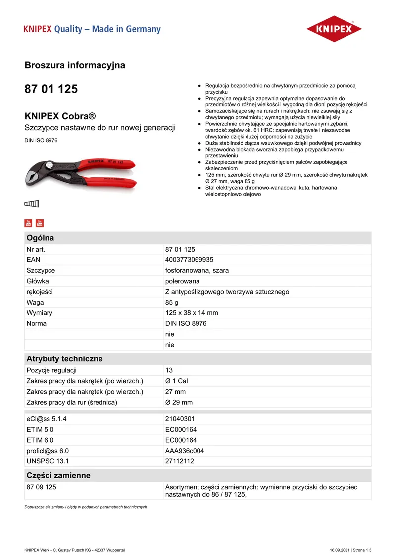 Szczypce Do Rur Cobra 125mm KNIPEX