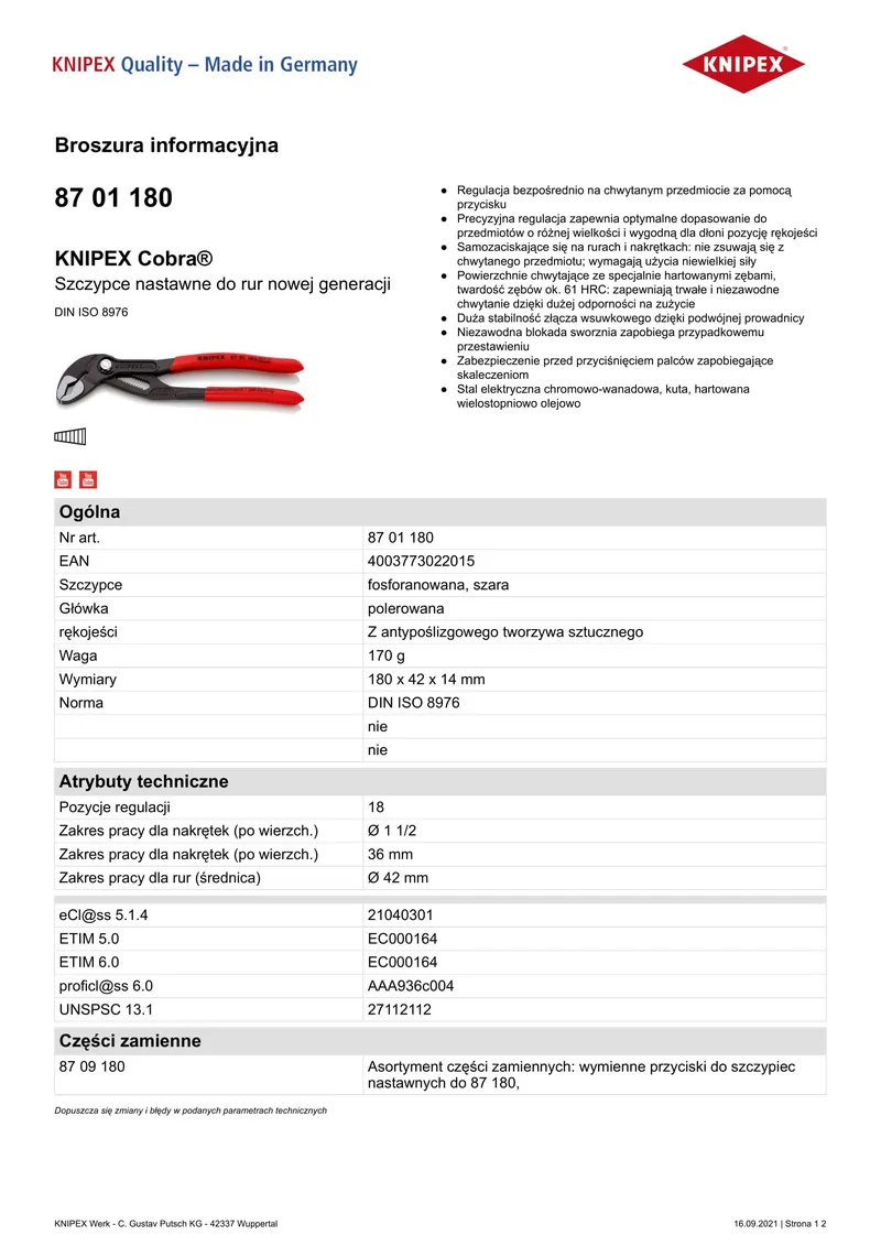 Szczypce Do Rur Cobra 180mm KNIPEX