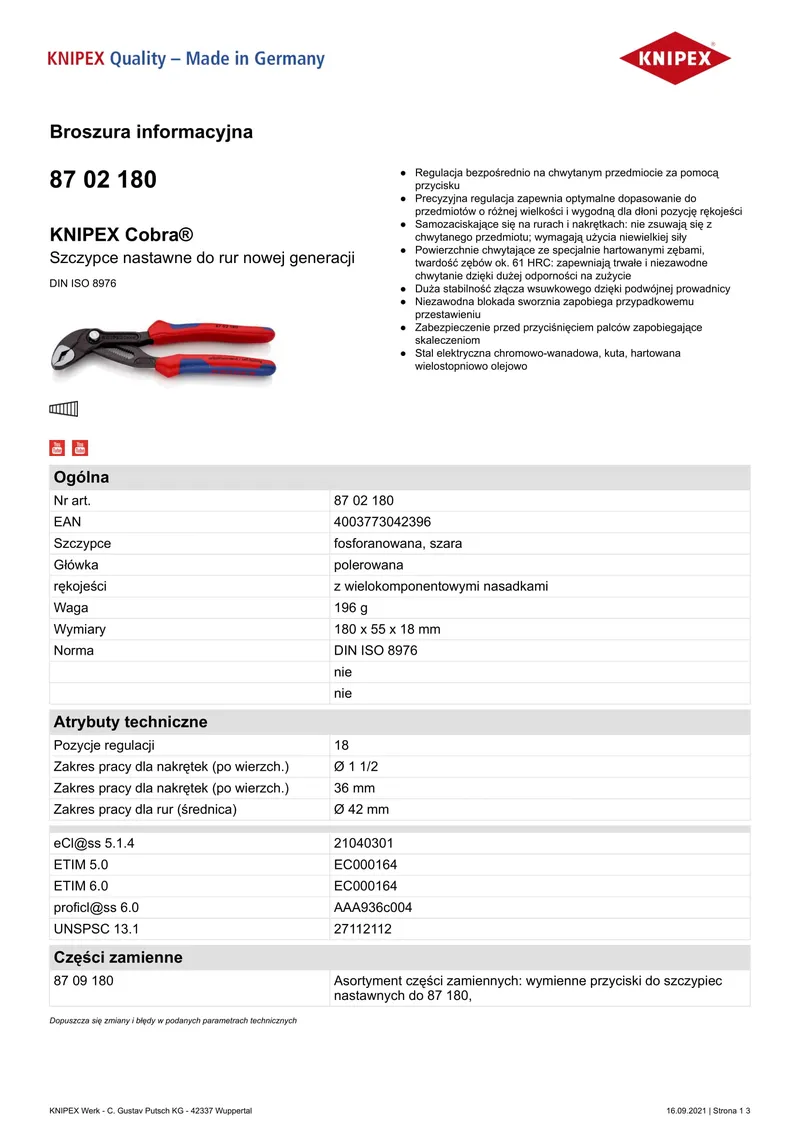 Szczypce Do Rur Cobra 180mm KNIPEX