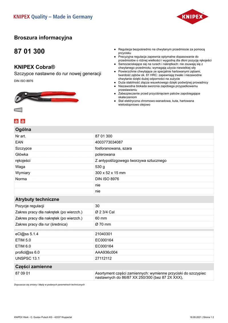 Szczypce Do Rur Cobra 300mm KNIPEX