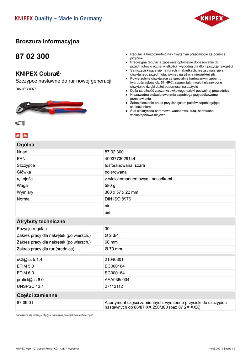 Szczypce Do Rur Cobra 300mm KNIPEX