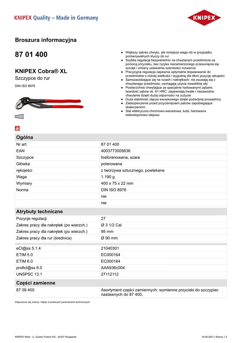 Szczypce Do Rur Cobra XL 400mm KNIPEX