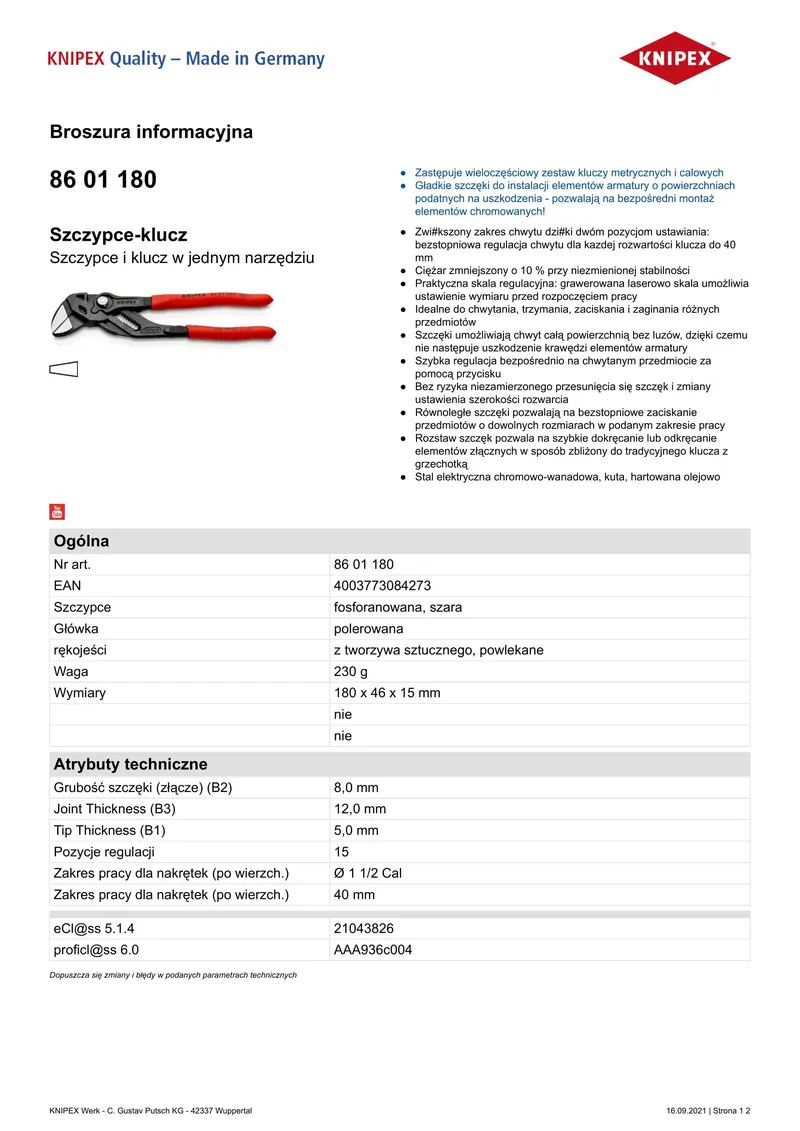 Szczypce-Klucz Oksydowane 180mm KNIPEX