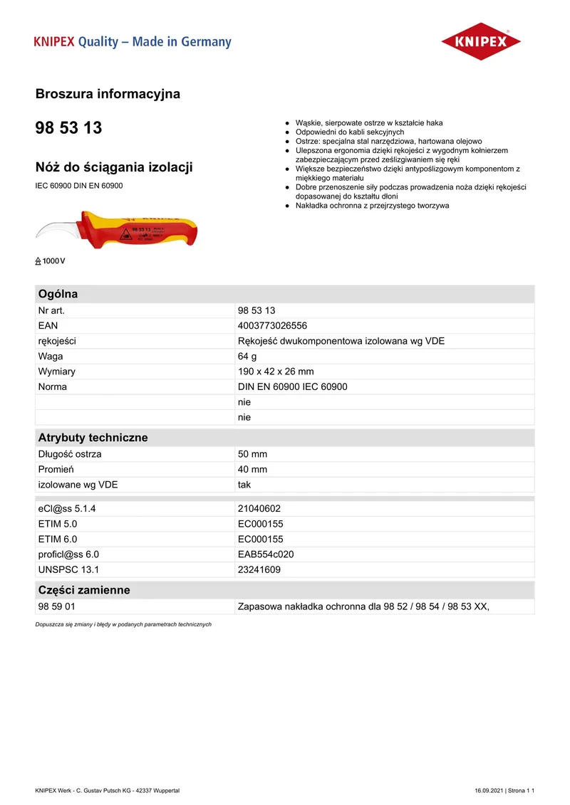 Nóż Do Ściągania Izolacji 190mm KNIPEX