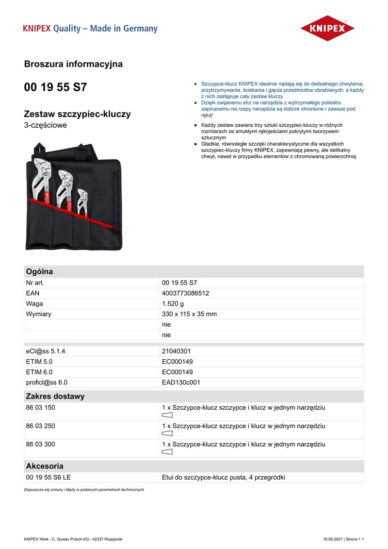 Zestaw Szczypiec Do Rur W Etui 3-CZĘŚCIOWY 150,250,300MM KNIPEX