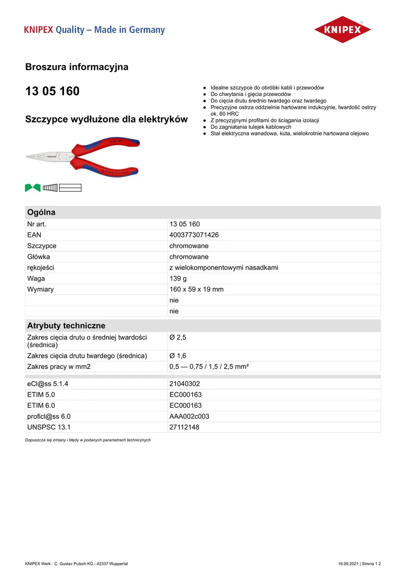 Szczypce Wydłużone Dla Elektryków 160mm KNIPEX