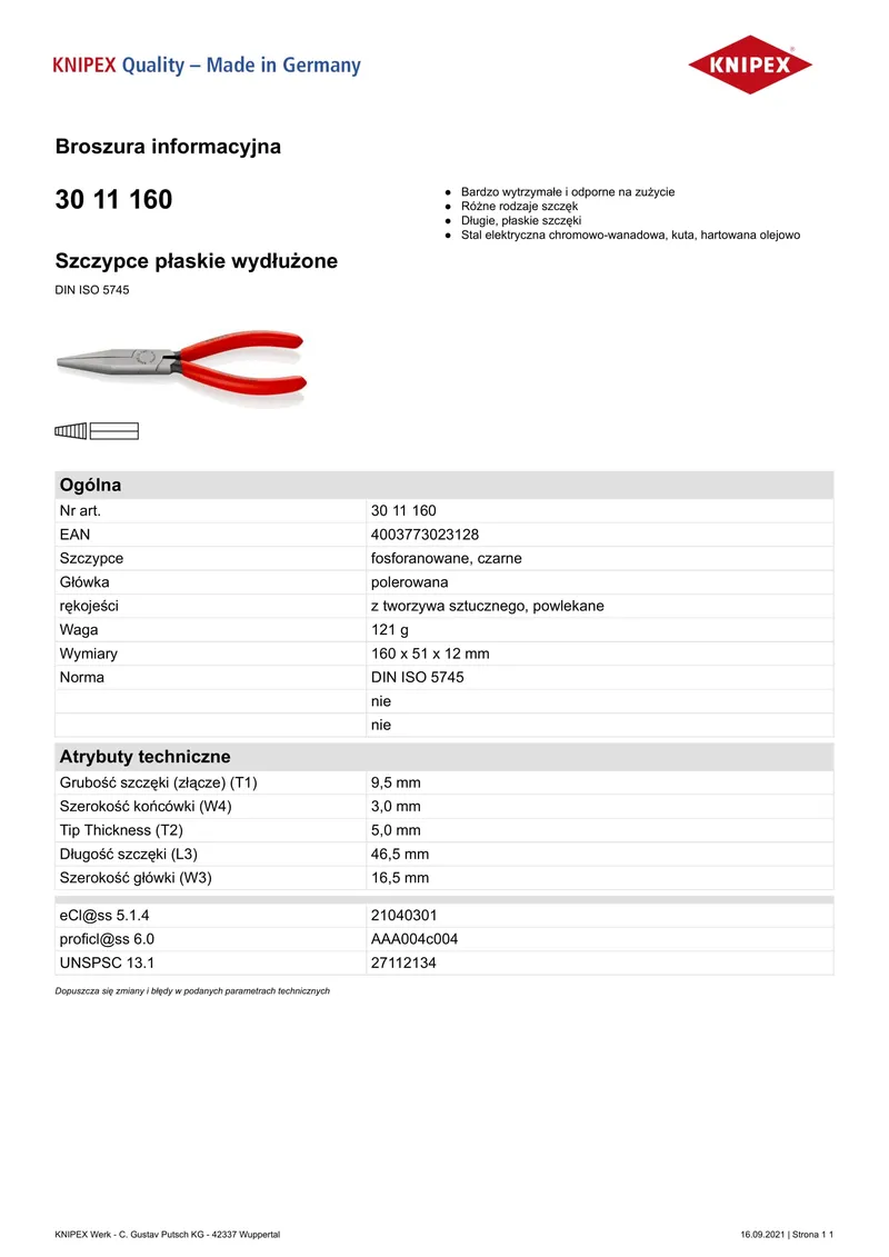 Szczypce Płaskie Wydłużone 160mm KNIPEX