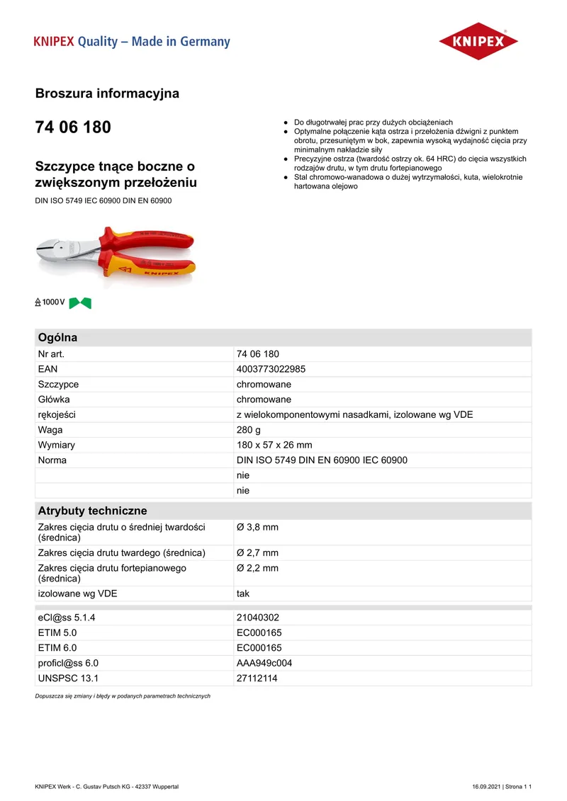 Szczypce Tnące Boczne O Zwiększonym Przełożeniu 180mm KNIPEX