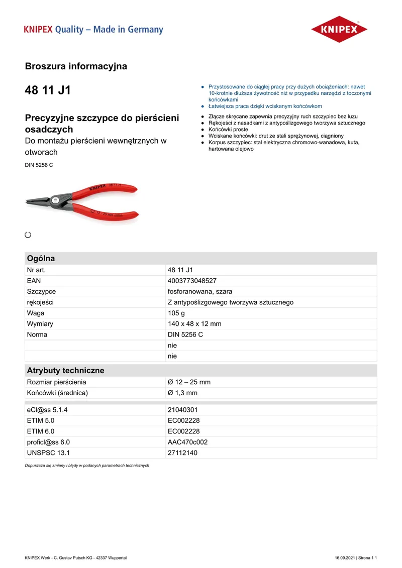 Precyzyjne Szczypce Do Pierścieni Wew.proste 140mm KNIPEX