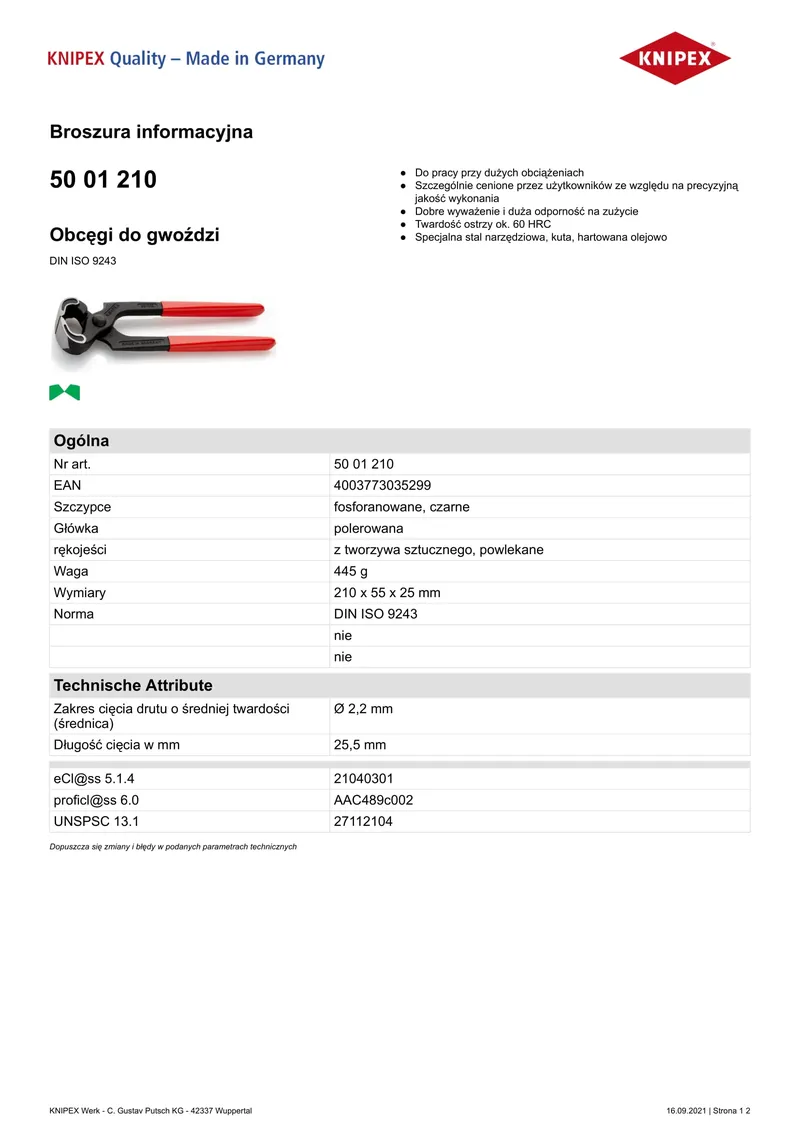 Obcęgi Do Gwoździ 210mm KNIPEX