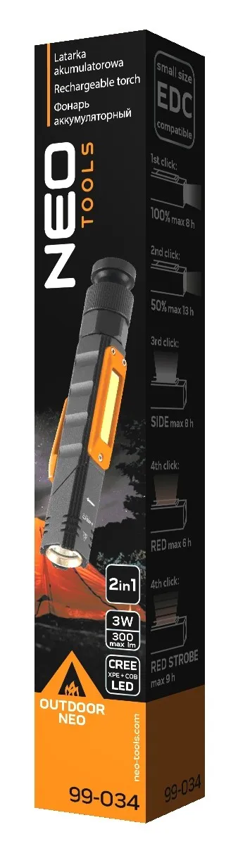Latarka Akumulatorawa USB 300 Lm 2 w 1 Cree Xpe + Cob LED NEO