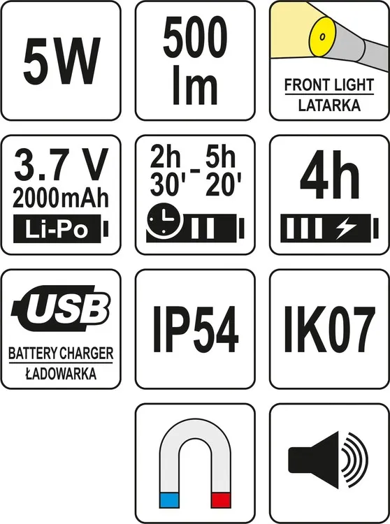 Latarka Robocza 500LM, Li-Po 3,7V 2000mAh, 3w1 YATO