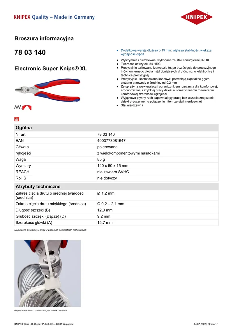 Szczypce Do Cięcia 140mm Electronic Super Knips XL KNIPEX