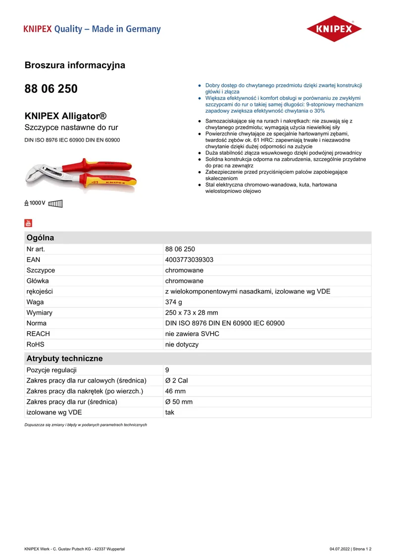 Szczypce Do Rur Nastawne Aligator Izolowane 250mm KNIPEX