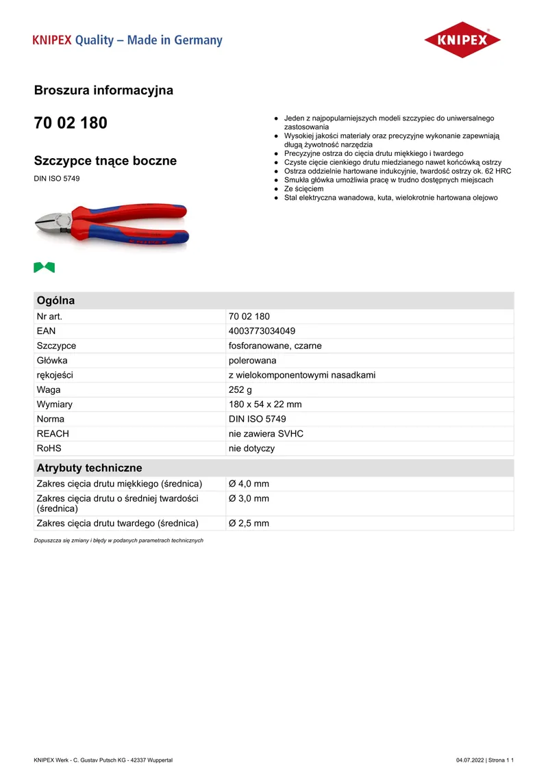 Szczypce Tnące Boczne 180mm, Powlekane KNIPEX