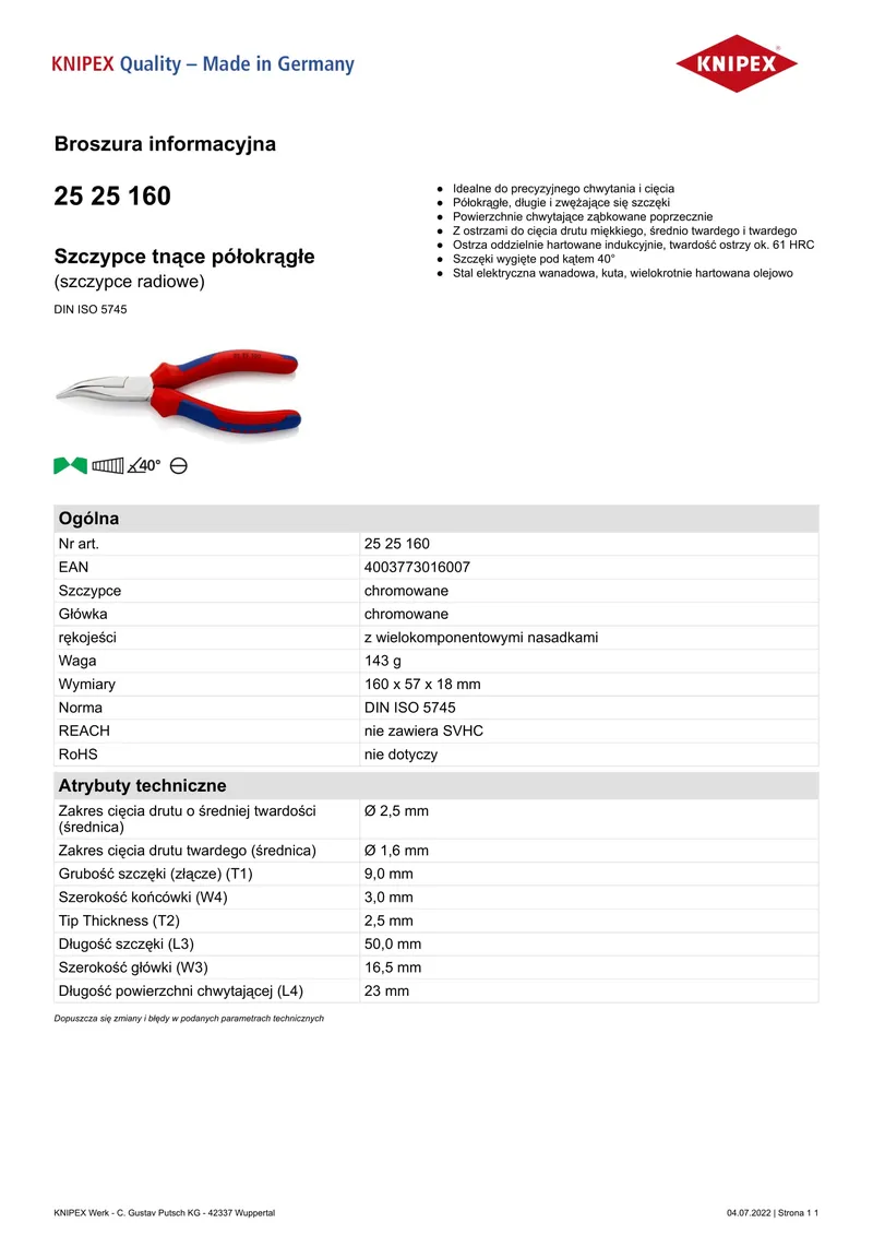 Szczypce Tnące Półokrągłe 160mm KNIPEX