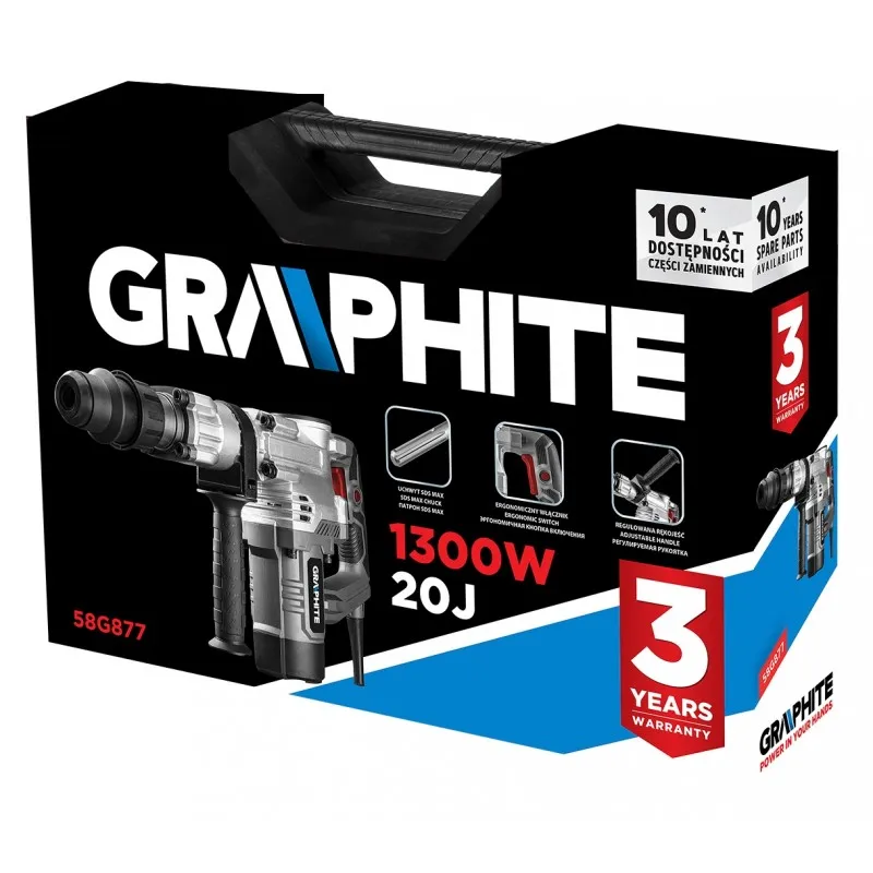 Młot Wyburzeniowy Kujący SDS MAX 1300W, Udar 20J Walizka GRAPHITE
