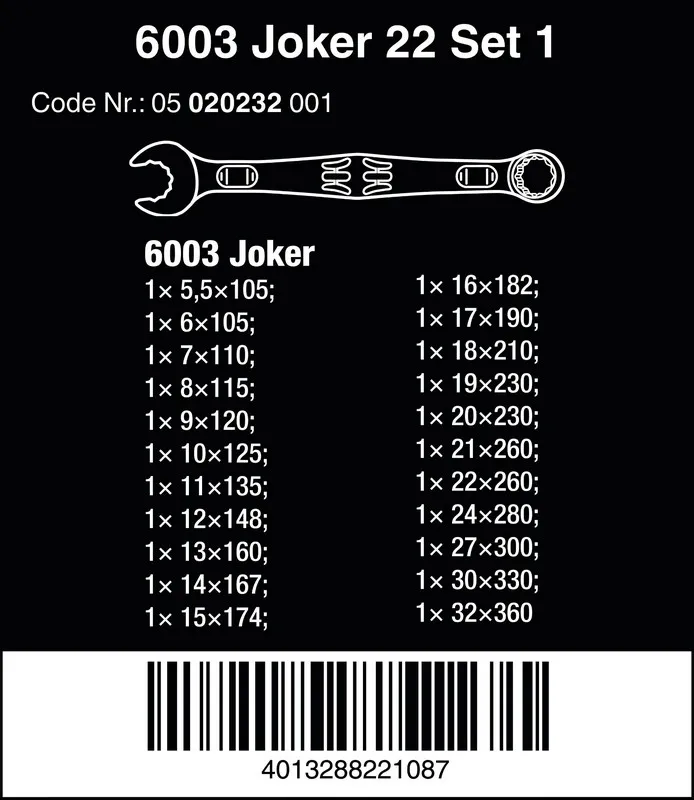 Zestaw Kluczy Płasko-Oczkowych 6003 Joker 22 Set 1, 22 szt. WERA