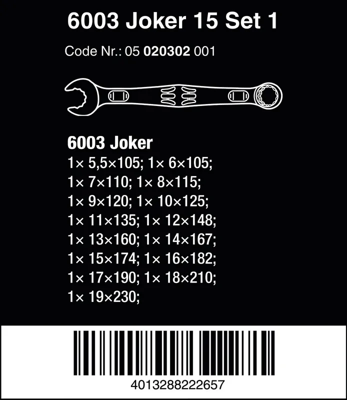 Zestaw Kluczy Płasko-Oczkowych 6003 Joker 15 szt. WERA