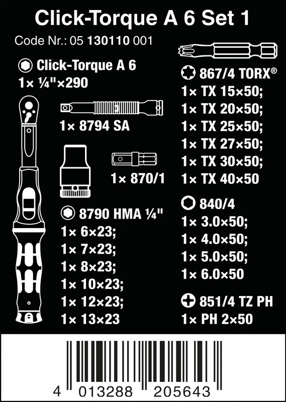 Klucz Dynamometryczny Click-Torque 1/4''2.5-25NM, 20CZĘŚCI WERA