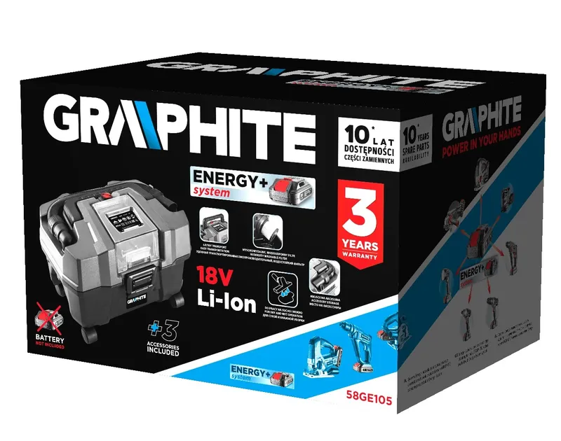 Odkurzacz Warsztatowy Energy+ 18V, LI-ION, 10 l, Bez Akum. GRAPHITE