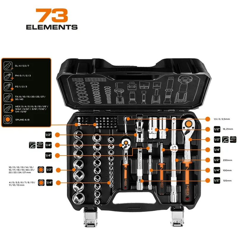 Zestaw Kluczy Nasadowych 1/4'' 1/2'' 73 Części NEO