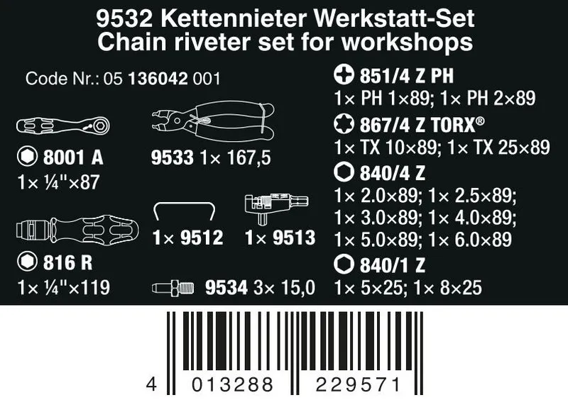 Zestaw Kraftform Kompakt 9532 Z Nitownicą Do ŁAŃCUCHÓW,20 Cz. WERA