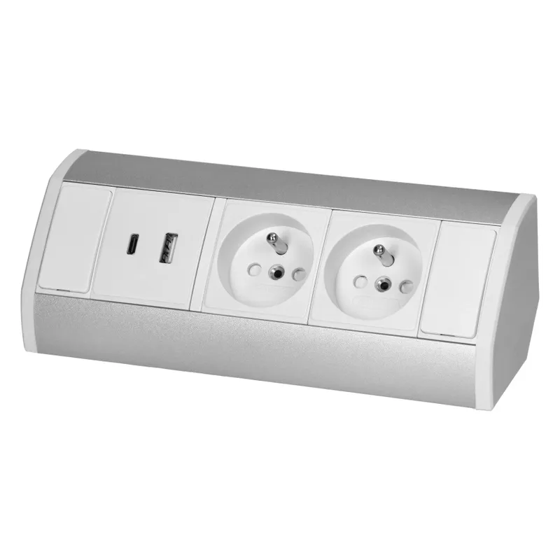 Gniazdo Meblowe 2X2P+Z+2XUSB ORNO - Biało-Srebrne