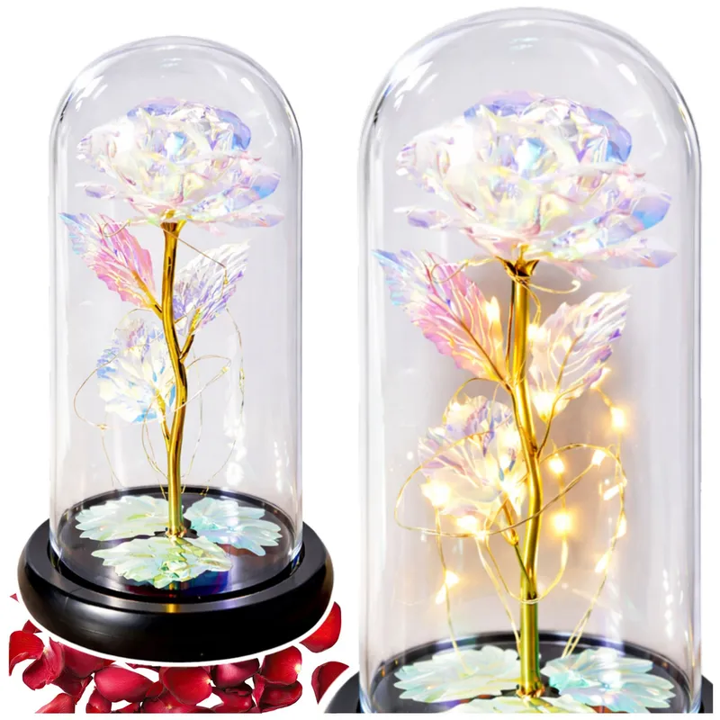 Wieczna Róża W Kopule Kryształowa Kolorowa Oświetlenie LED 21x11cm
