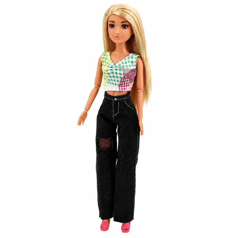 Lalka Modowa Anlily W Ciemnych Jeansach Kolorowy Top Blond Włosy