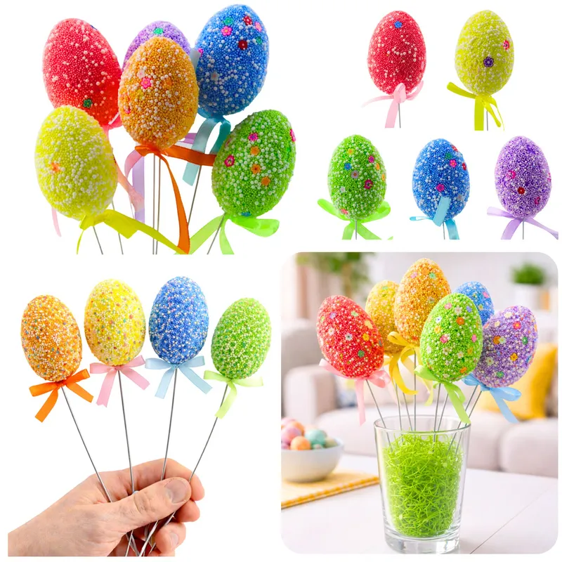Jajka Wielkanocne Na Piku Druciku Kolorowe Wzorki Wstążka Ozdoba 6szt - Białe