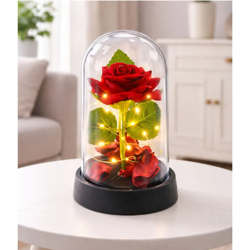 Wieczna Róża W Kopule Z Oświetleniem LED Z Płatkami Róż 14x8cm - Czerwona