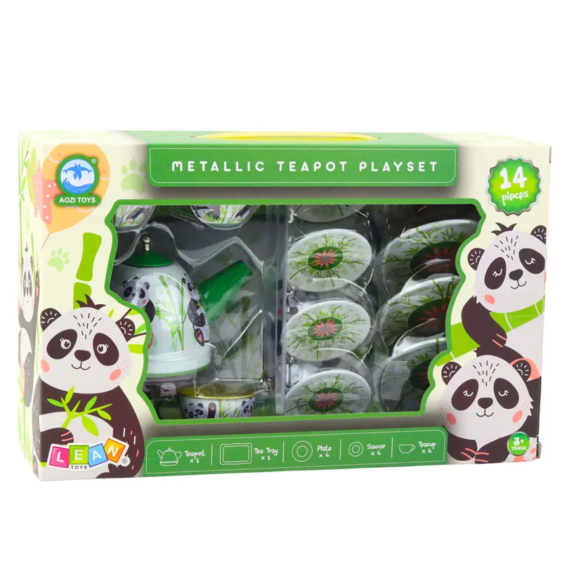 Zestaw Do Herbaty Metalowy Dzbanek Filiżanka Talerzyki Panda 14el - Zielony