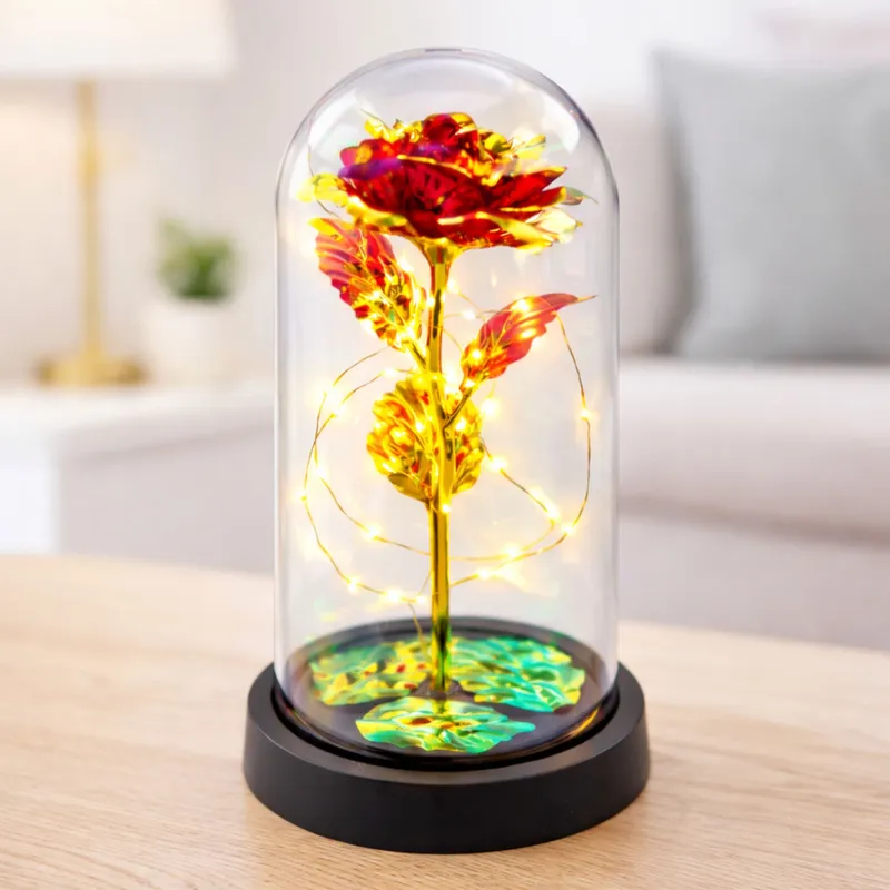 Wieczna Róża W Kopule Kryształowa Oświetlenie LED 21x11cm - Czerwona