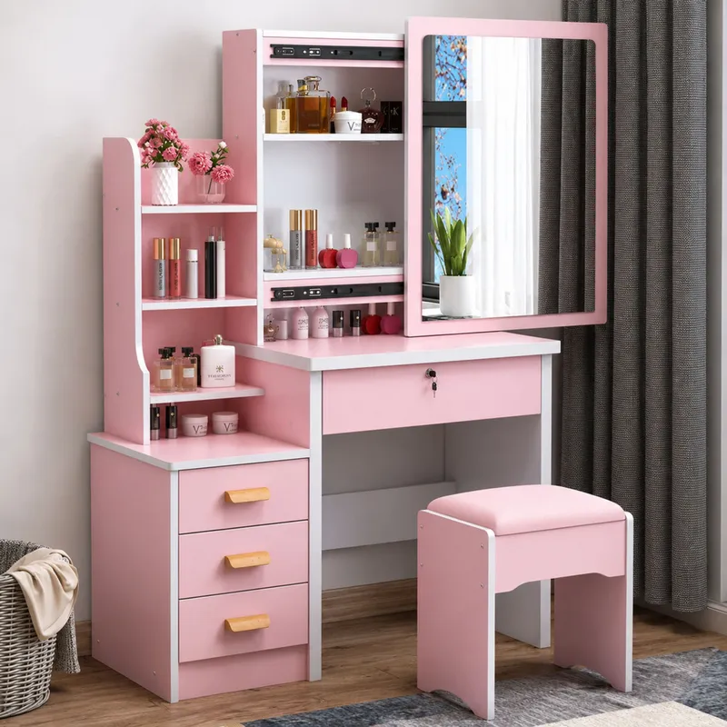 Toaletka Kosmetyczna Z Lustrem Szuflady Półki Taboret 130x80x36 cm - Różowa
